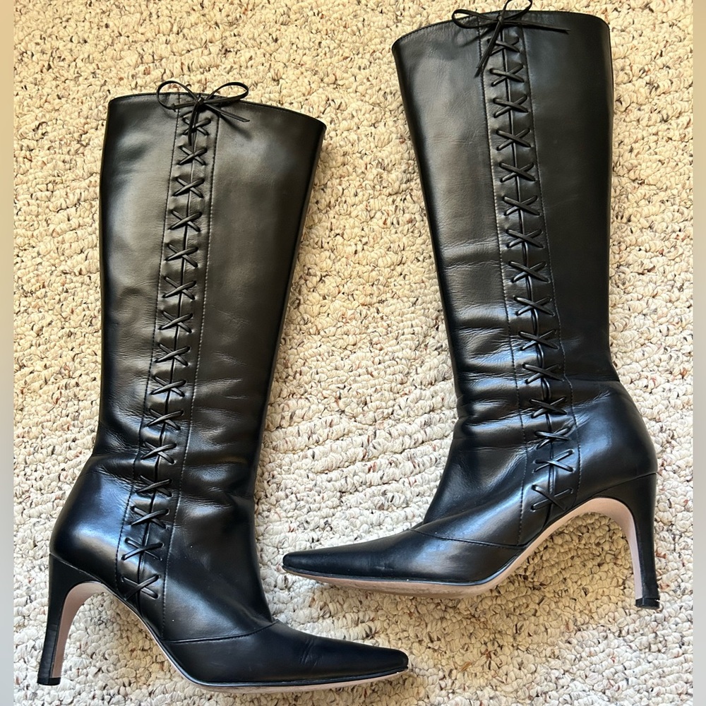 Rebecca Taylor Black Heeled leather Boots with Lace Detail